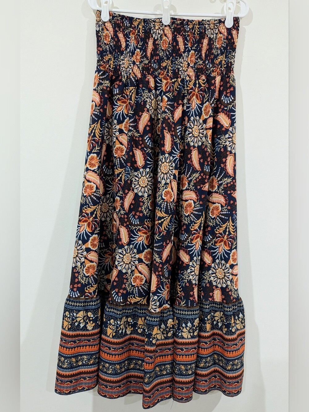 SHEIN Navy Blue Maxi Skirt/Strapless Dress with Rust and Yellow Floral Print